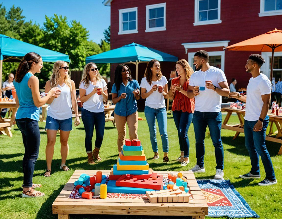 A lively group of diverse people playing fun games outdoors, smiling and interacting enthusiastically. Colorful decorations around them, with items like giant Jenga, cornhole, and a vibrant picnic setup. The atmosphere radiates joy and excitement, showcasing teamwork and friendly rivalry. Sun shining in a bright blue sky. vibrant colors. 3D.