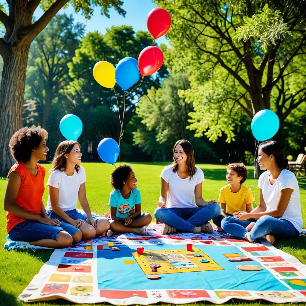 A vibrant scene depicting a diverse family engaged in various interactive games and activities in a colorful park setting. Children are playing with a giant board game while adults enjoy a picnic with board games spread out on a picnic blanket. Include playful elements like balloons and a sunny sky with trees in the background. Super-realistic. Vibrant colors. Family-friendly atmosphere.