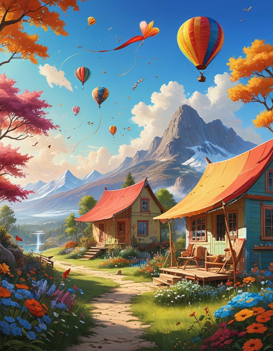 A vibrant split scene showcasing the contrast between indoor creativity and outdoor adventure. The left side features an inspiring art studio filled with colorful paints, brushes, and crafted projects, while the right side depicts a lively outdoor setting with people engaging in activities like painting in nature, hiking, and playing games under a bright blue sky. Incorporate whimsical elements like flying kites and blooming flowers for added joy. super-realistic. vibrant colors. uplifting atmosphere.